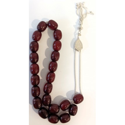 Κομπολόι από ασήμι 925 με χάντρες από κεχριμπάρι φατουράν χρώματος κερασιού (KOM12)